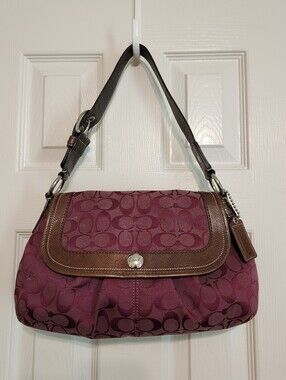 Y2K COACH Soho Pleated Signature Hobo Bag Purple/Plum with Brown Leather Trim